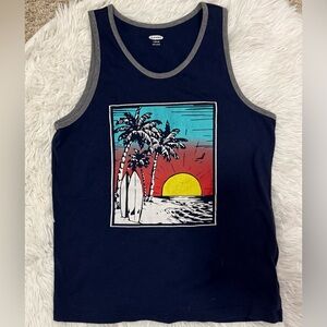 Old Navy Navy Blue Tank with Sunset and Surfboard Graphic